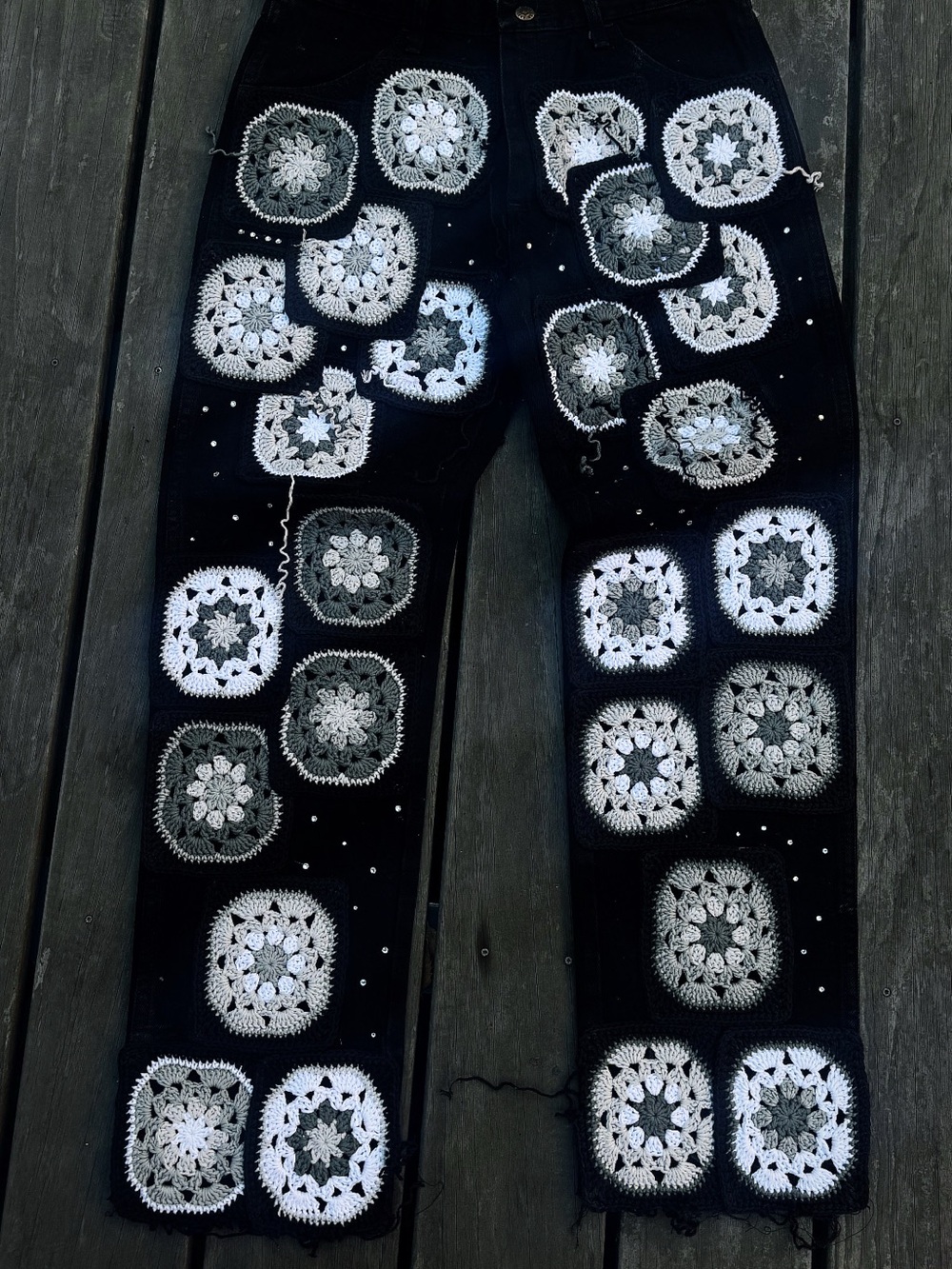 Black Denim Jeans with White & Gray Crochet Patchwork